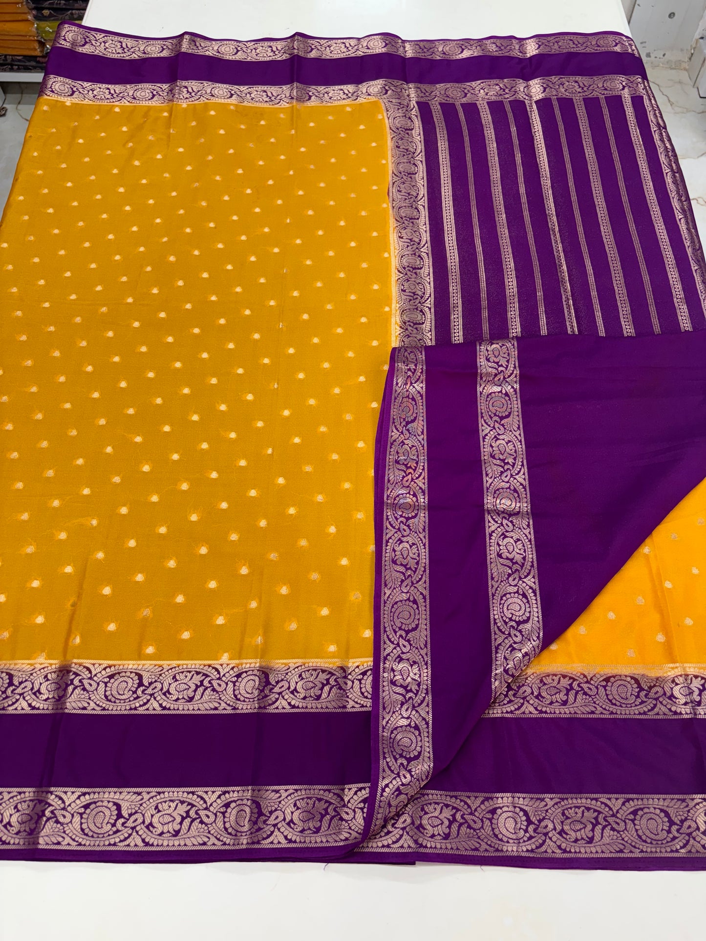 Semi Mysore Crepe (Premium, Motifs and Peacock, Mango Bentex)