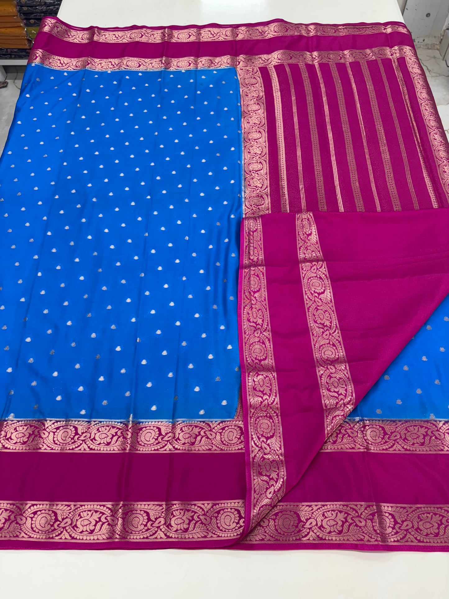 Semi Mysore Crepe (Premium, Motifs and Peacock, Mango Bentex)