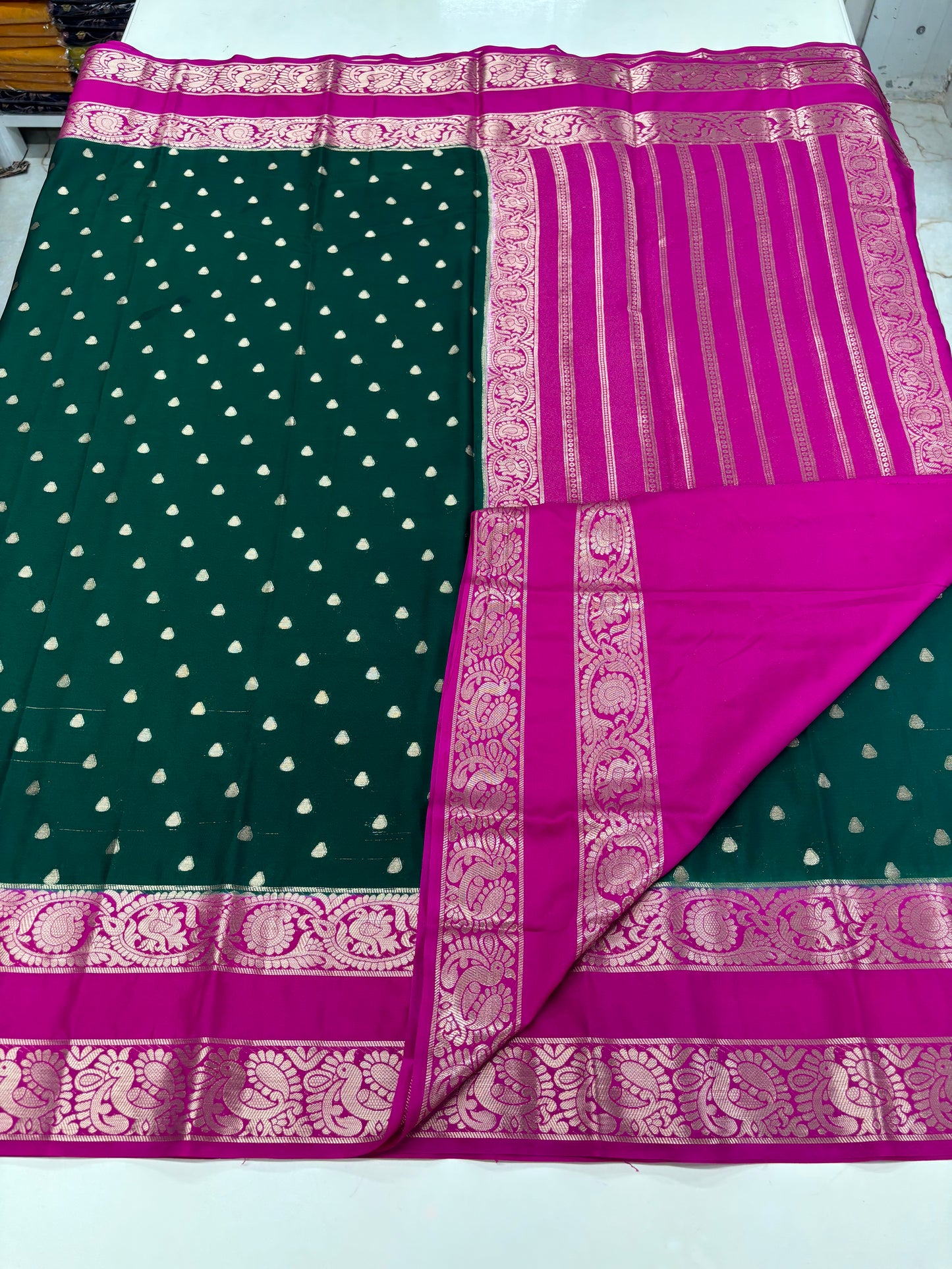 Semi Mysore Crepe (Premium, Motifs and Peacock, Mango Bentex)