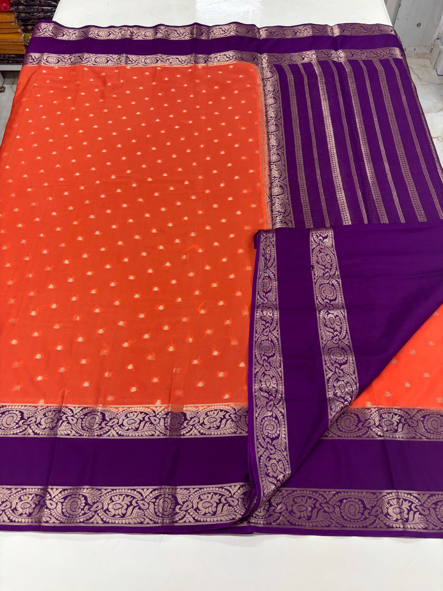 Semi Mysore Crepe (Premium, Motifs and Peacock, Mango Bentex)