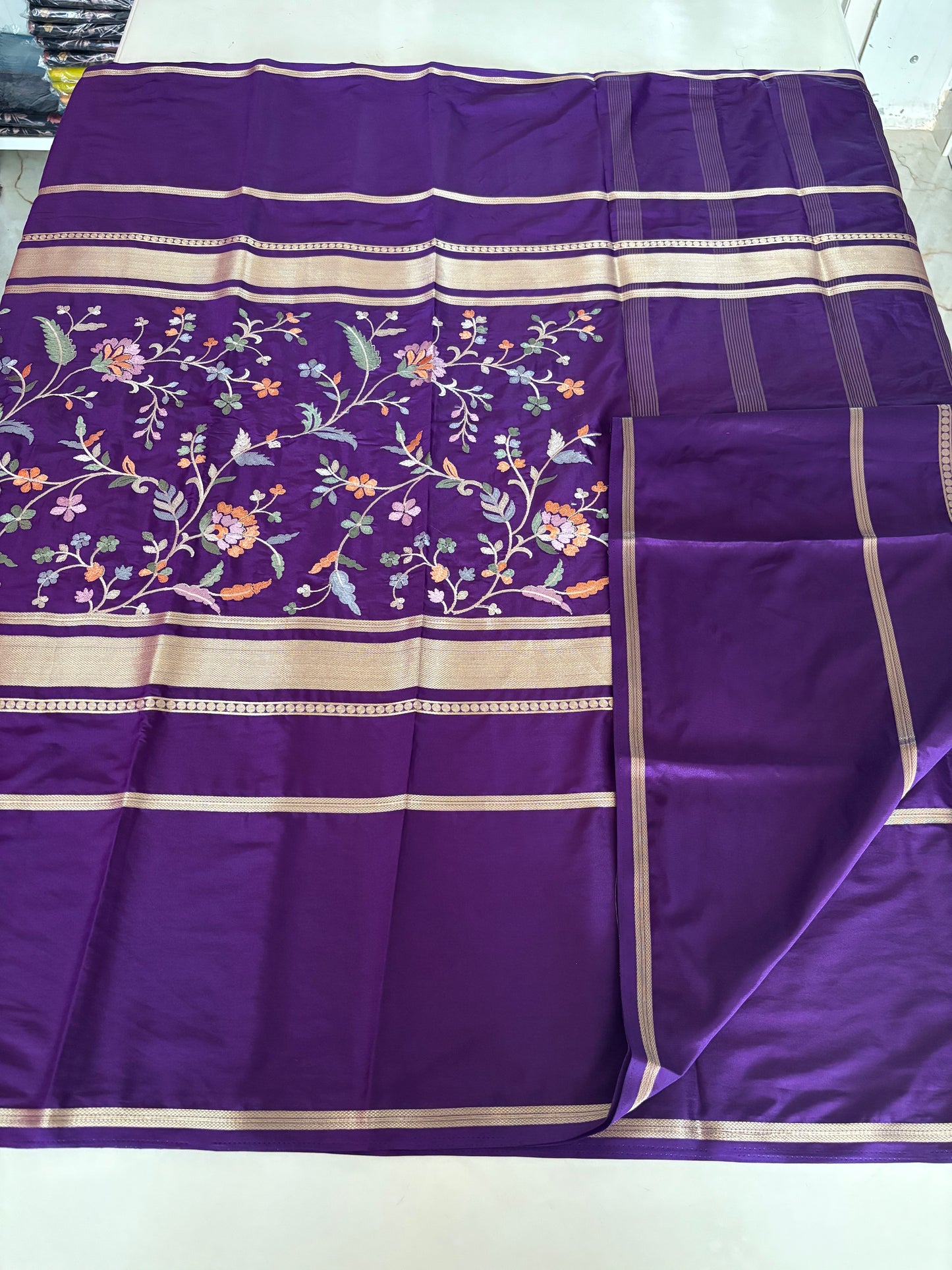 Semi Mysore Crepe (4 Lines Border, Body Embroidery Work)