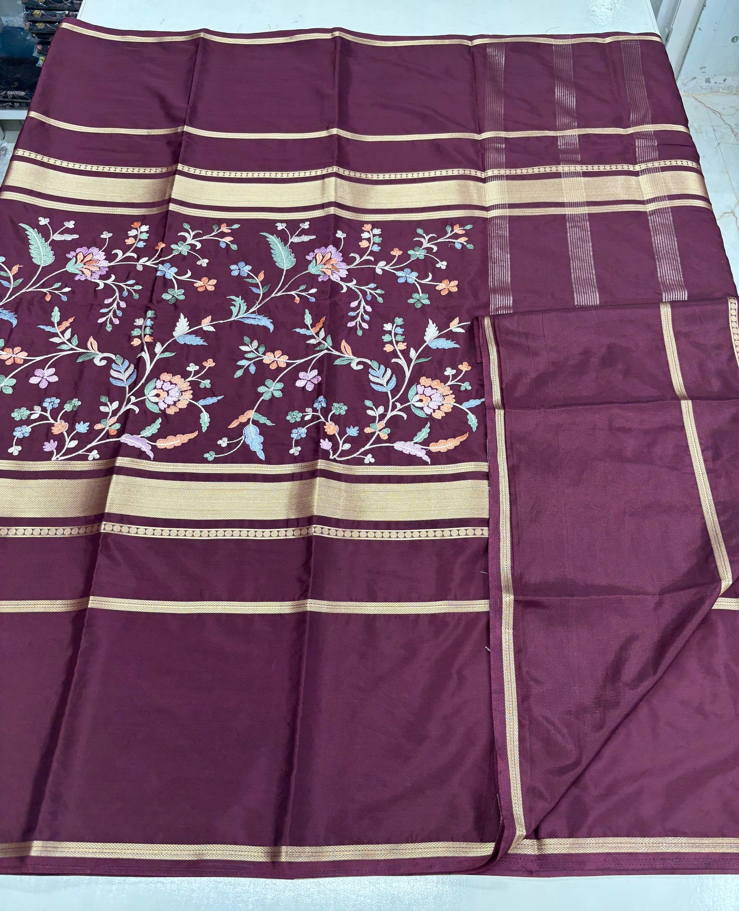 Semi Mysore Crepe (4 Lines Border, Body Embroidery Work)
