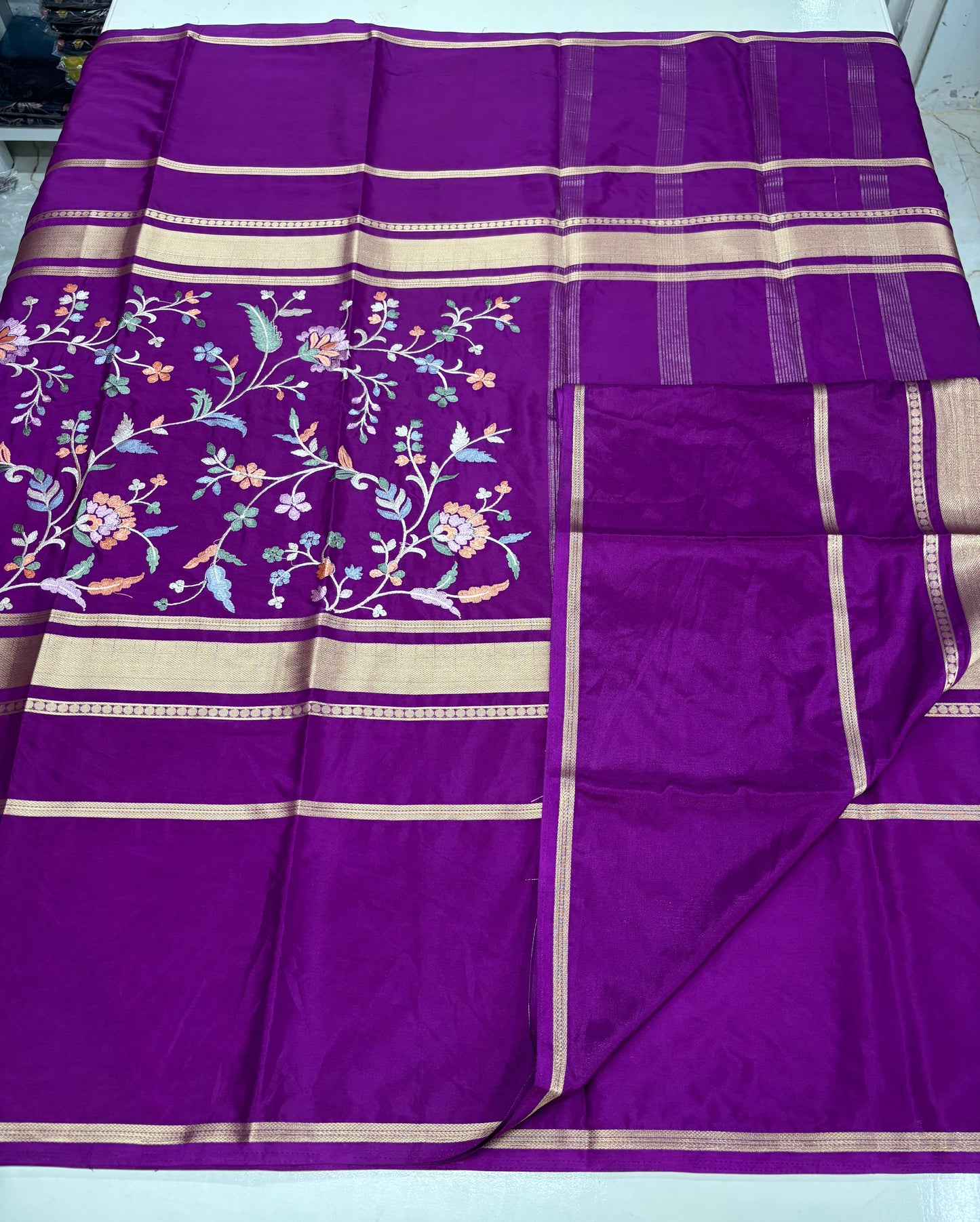 Semi Mysore Crepe (4 Lines Border, Body Embroidery Work)