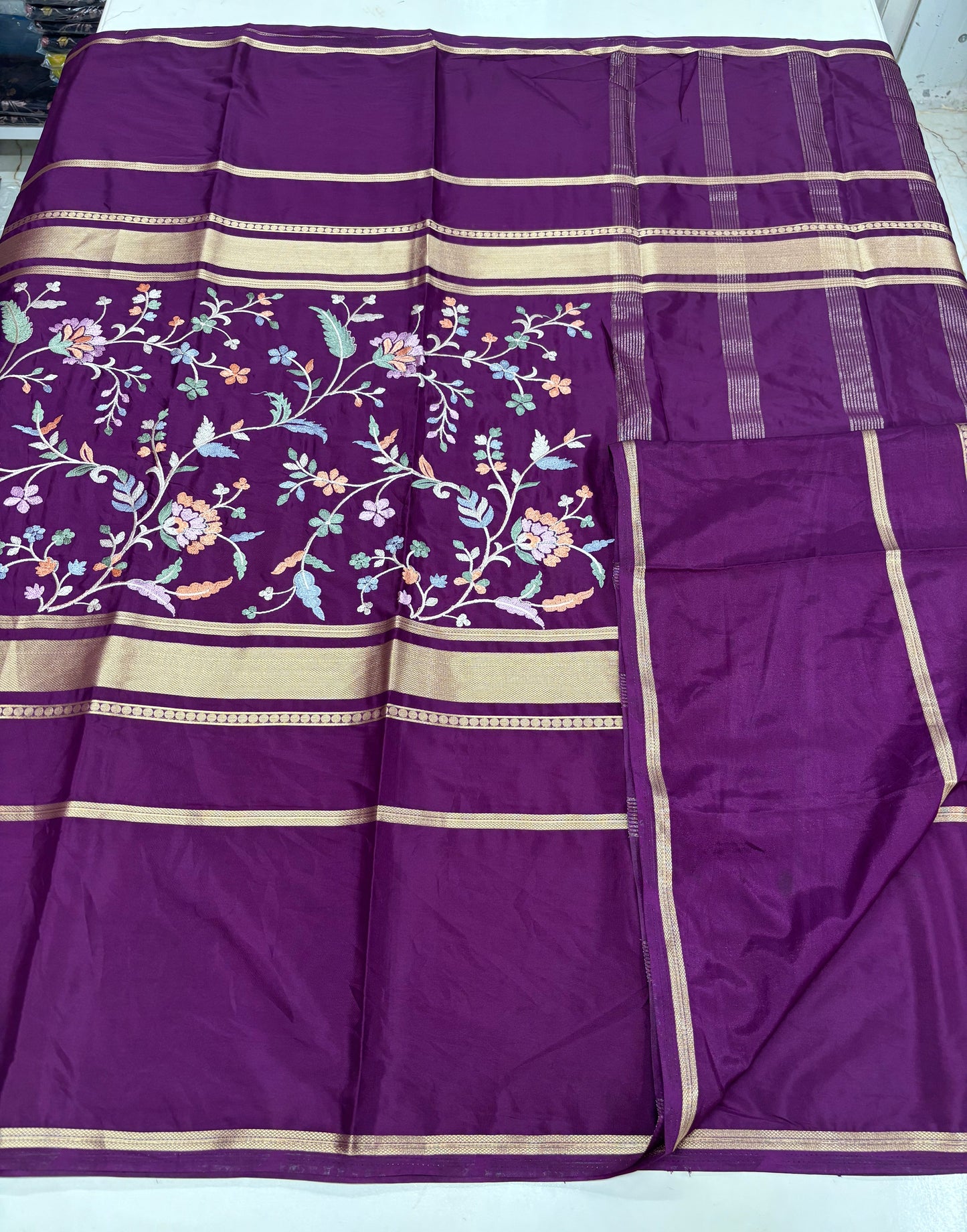 Semi Mysore Crepe (4 Lines Border, Body Embroidery Work)
