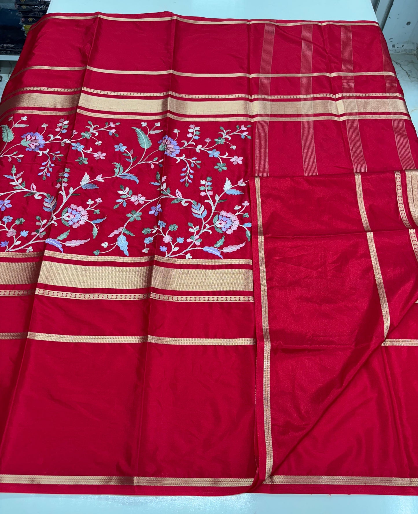 Semi Mysore Crepe (4 Lines Border, Body Embroidery Work)