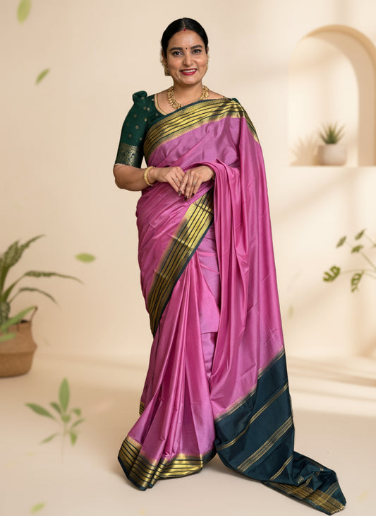 Semi Mysore Crepe ( Horizontal Gloden Stripes Border )