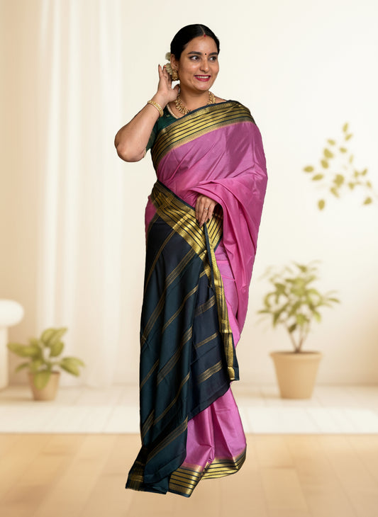 Semi Mysore Crepe ( Horizontal Gloden Stripes Border )