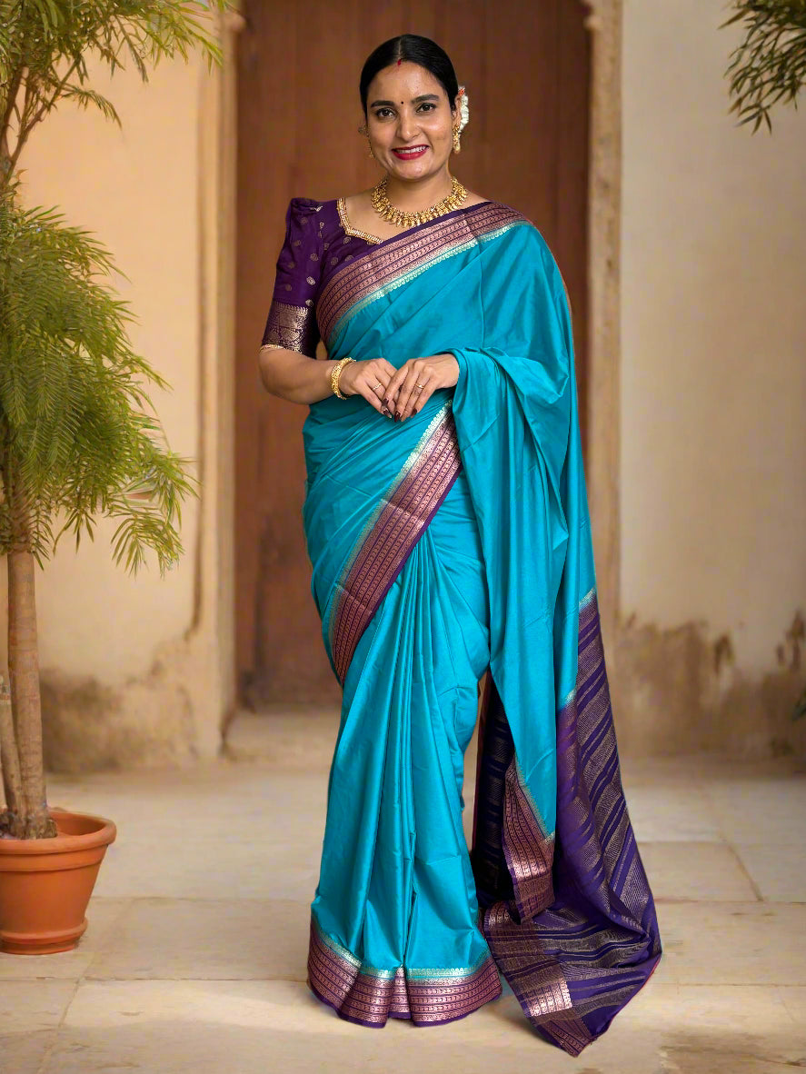 Semi Mysore Crepe Self Plain Medium sequence mango Border