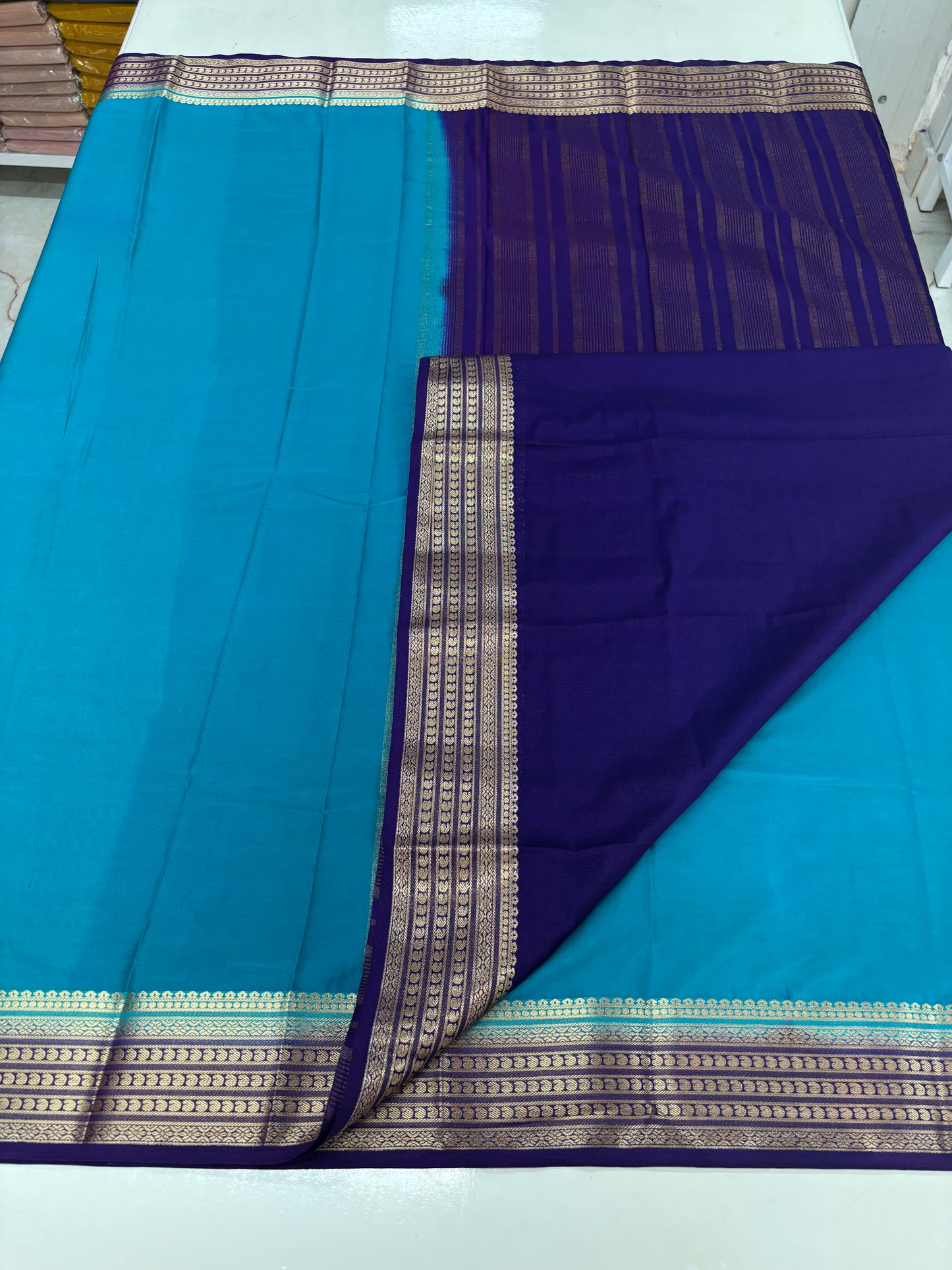 Semi Mysore Crepe Self Plain Medium sequence mango Border