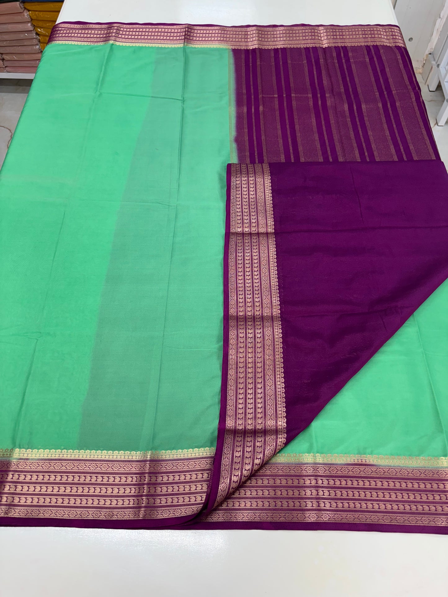 Semi Mysore Crepe Self Plain Medium sequence mango Border