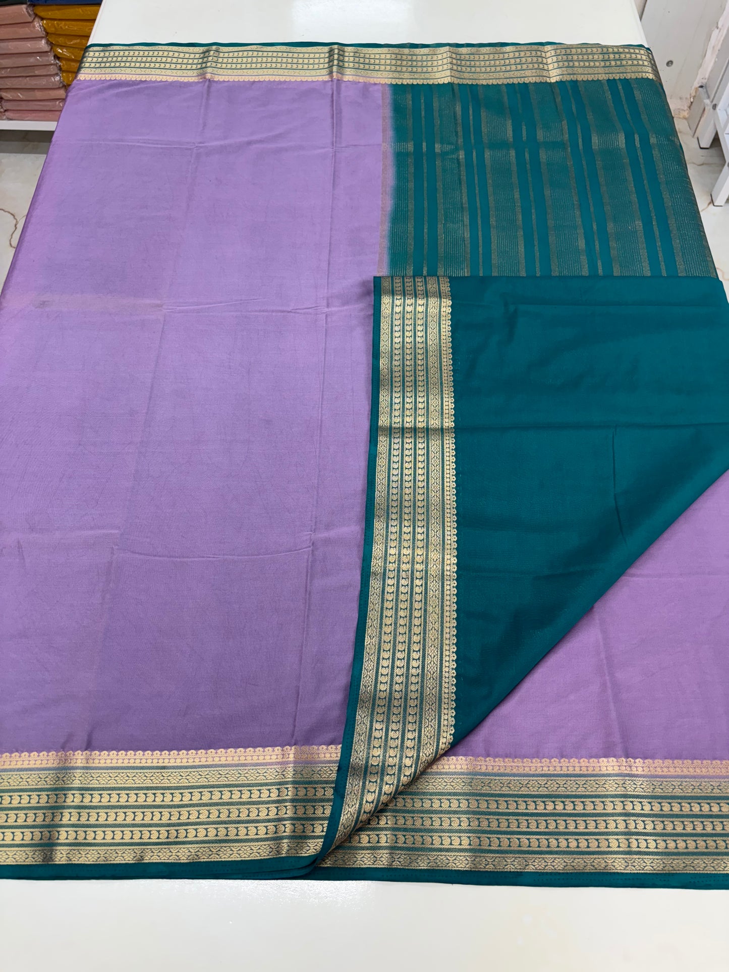 Semi Mysore Crepe Self Plain Medium sequence mango Border