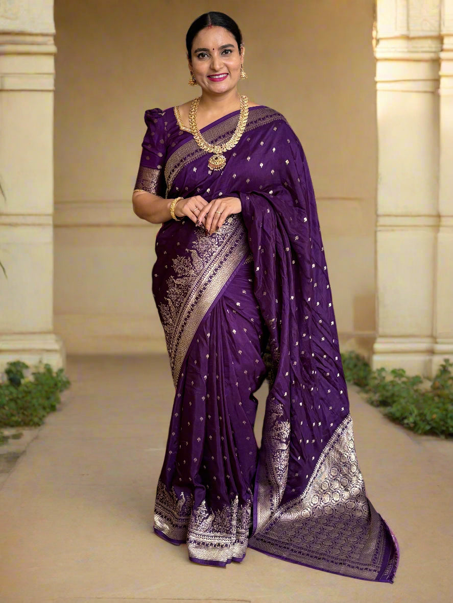 Banarasi Viscose Saree (Premium, Motifs Body, Peacock Border)