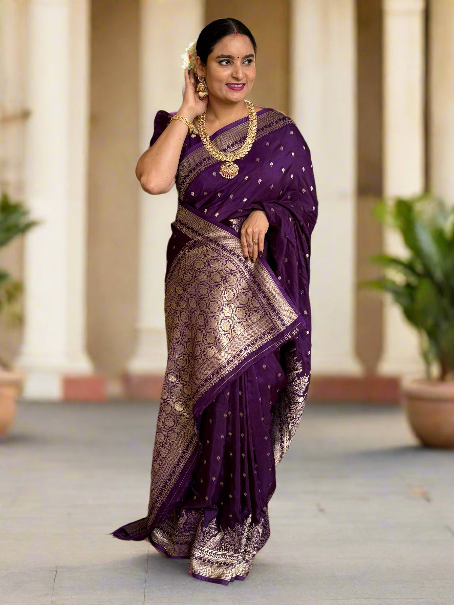 Banarasi Viscose Saree (Premium, Motifs Body, Peacock Border)