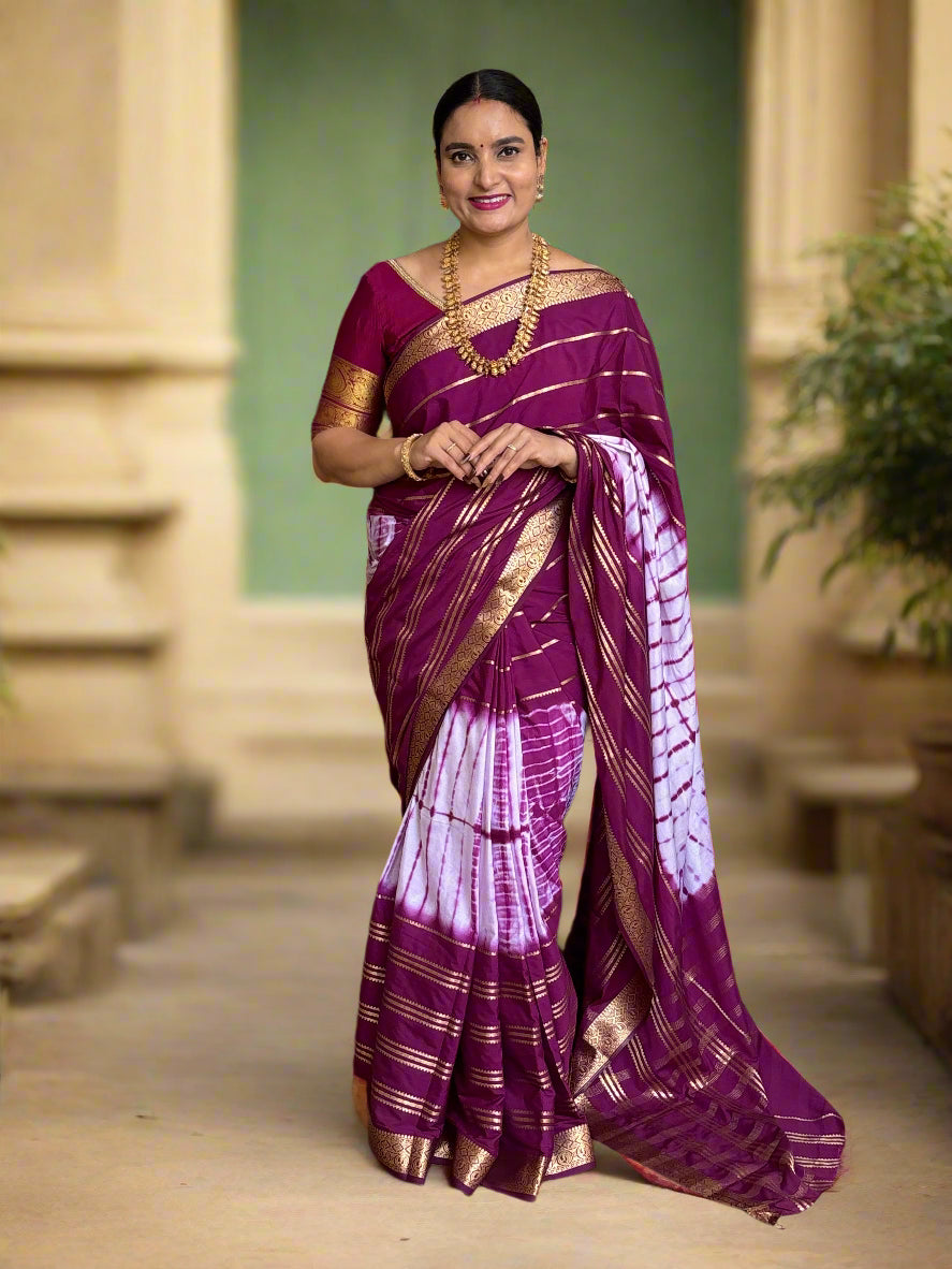 Semi Mysore Crepe (Shibori Dyed 2D, Golden Zari Horizontal Lines)