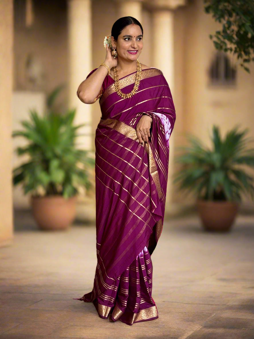 Semi Mysore Crepe (Shibori Dyed 2D, Golden Zari Horizontal Lines)
