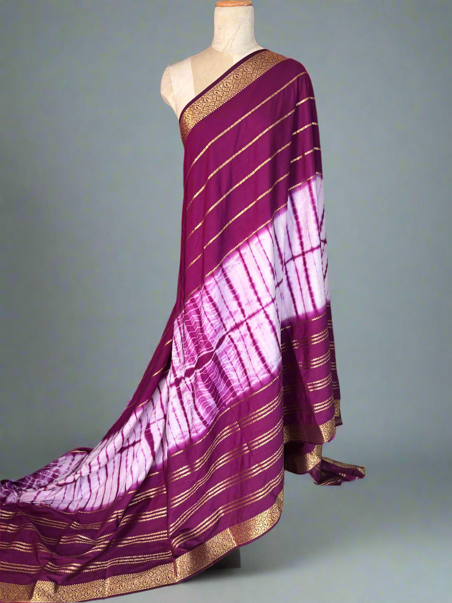 Semi Mysore Crepe (Shibori Dyed 2D, Golden Zari Horizontal Lines)