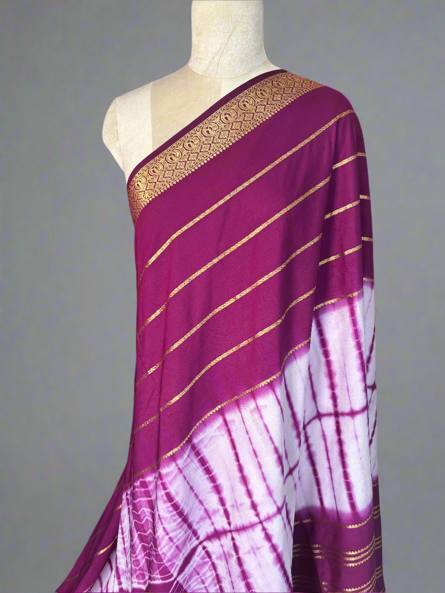 Semi Mysore Crepe (Shibori Dyed 2D, Golden Zari Horizontal Lines)
