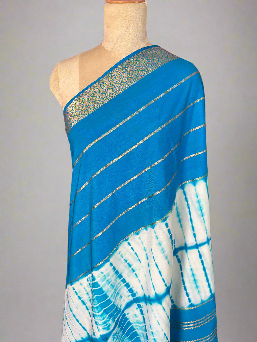 Semi Mysore Crepe (Shibori Dyed 2D, Golden Zari Horizontal Lines)