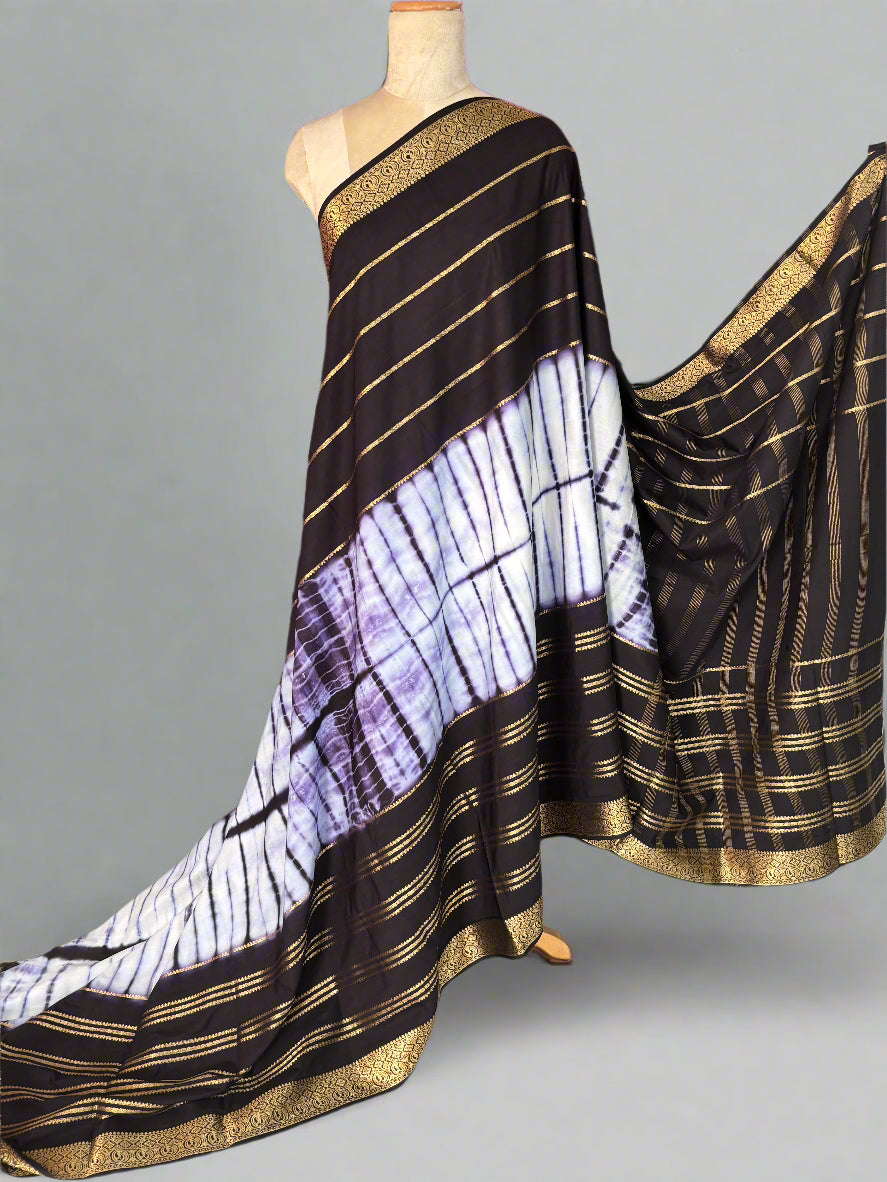Semi Mysore Crepe (Shibori Dyed 2D, Golden Zari Horizontal Lines)