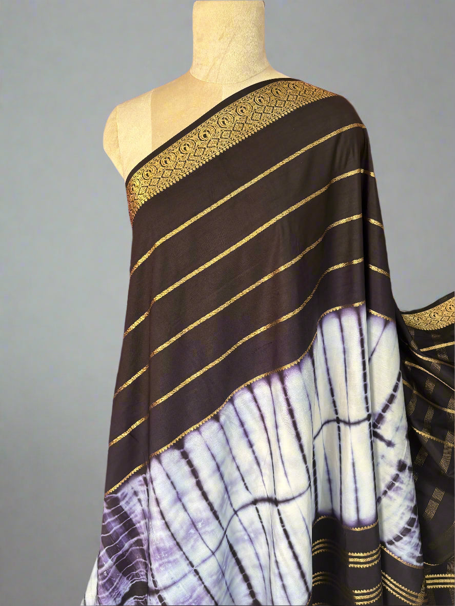 Semi Mysore Crepe (Shibori Dyed 2D, Golden Zari Horizontal Lines)