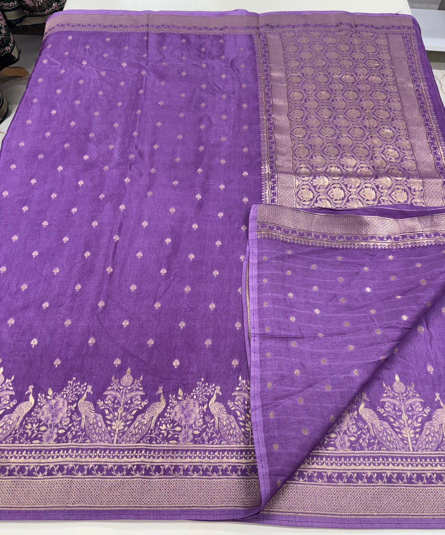 Banarasi Viscose Saree (Premium, Motifs Body, Peacock Border)