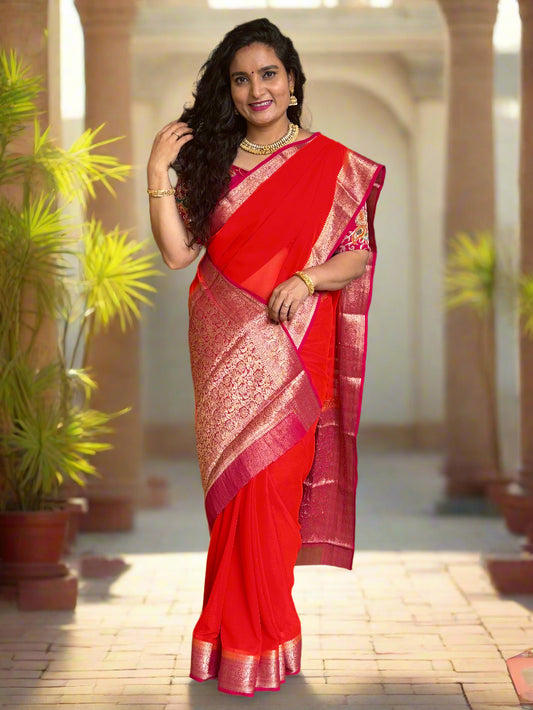 Georgette Chiffon (Contrast, Grand Pallu and Brocade Blouse)