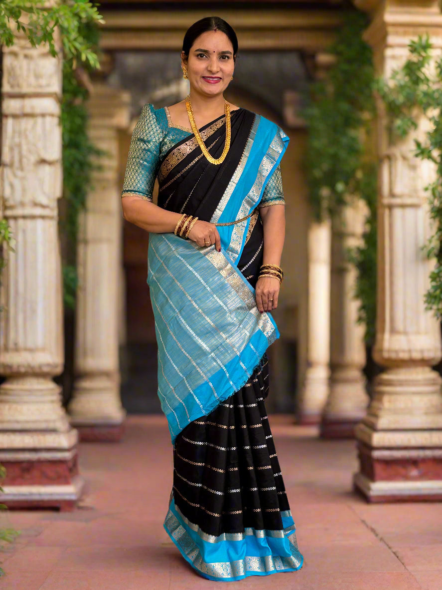 Semi Mysore Crepe (Gold, Silver Horizontal Lines & SS Bentex Border)