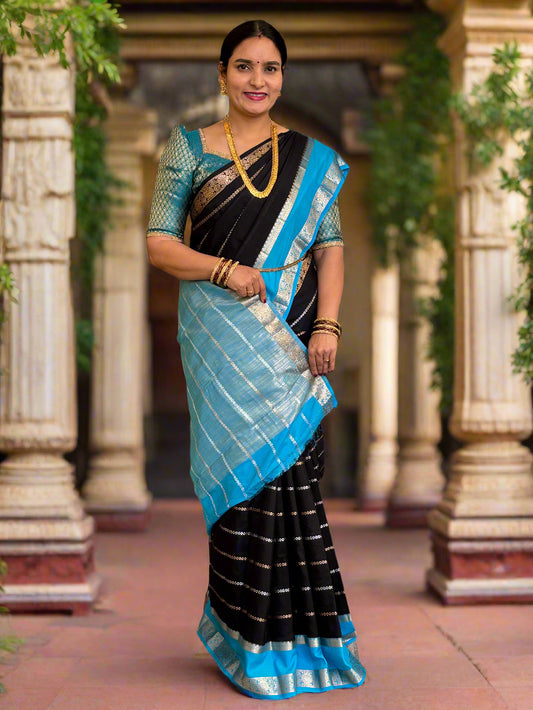 Semi Mysore Crepe (Gold, Silver Horizontal Lines & SS Bentex Border)