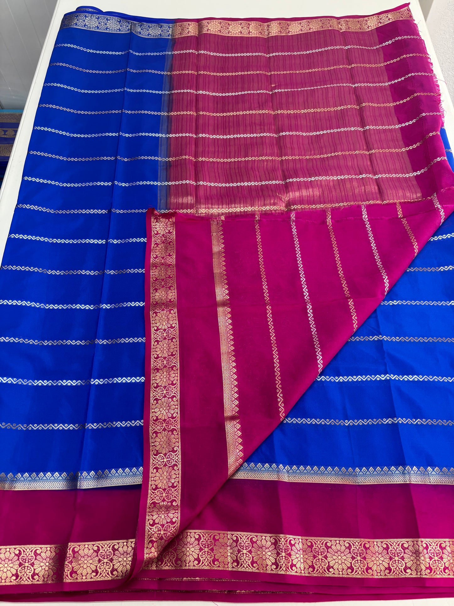 Semi Mysore Crepe (Gold, Silver Horizontal Lines & SS Bentex Border)