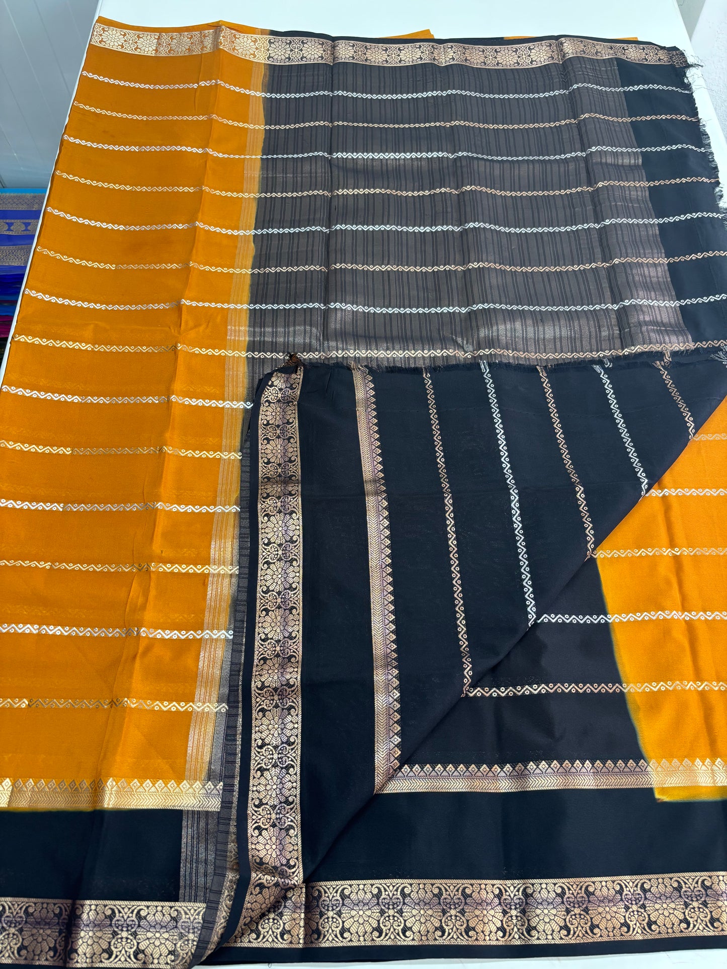 Semi Mysore Crepe (Gold, Silver Horizontal Lines & SS Bentex Border)