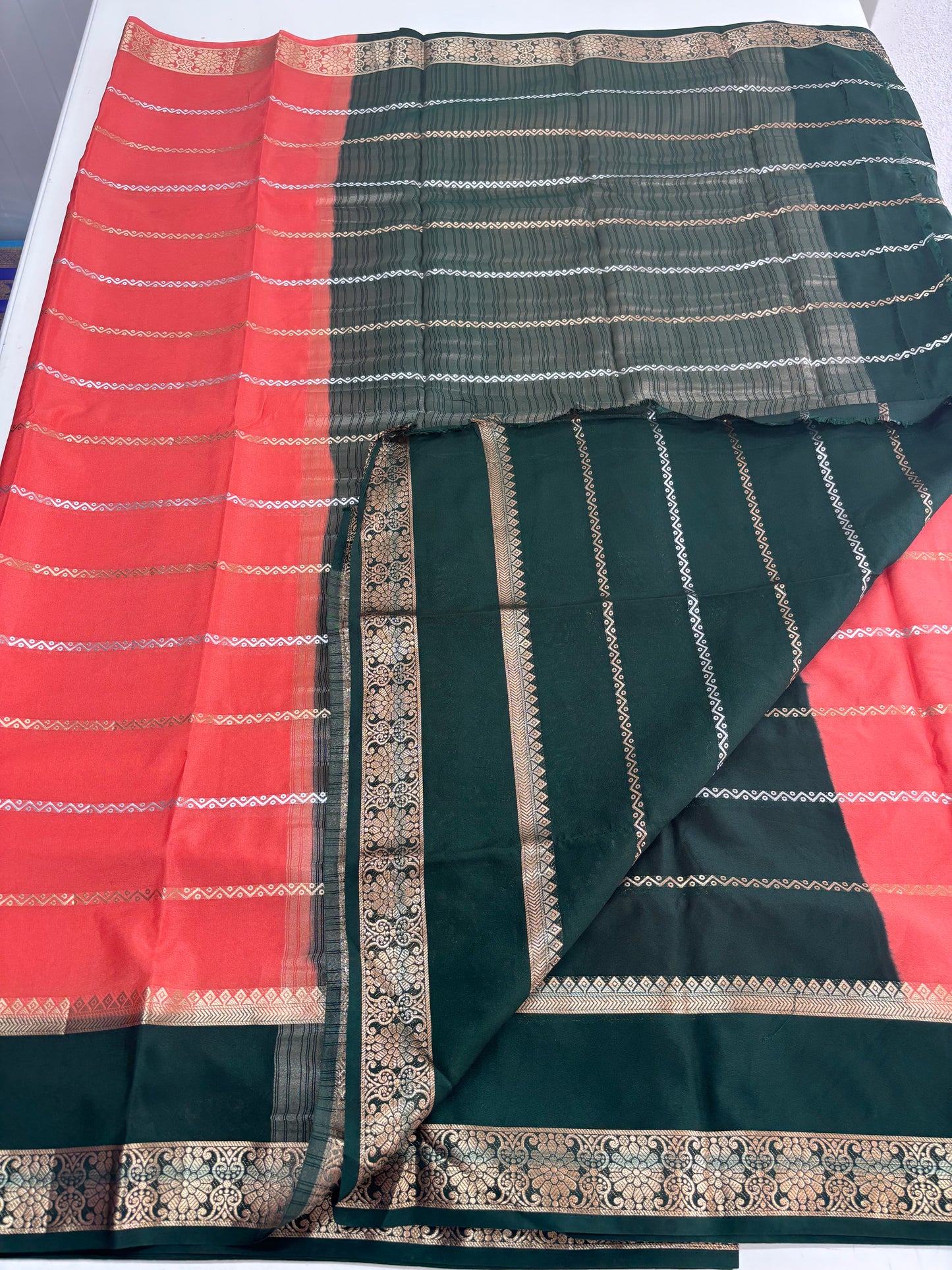 Semi Mysore Crepe (Gold, Silver Horizontal Lines & SS Bentex Border)