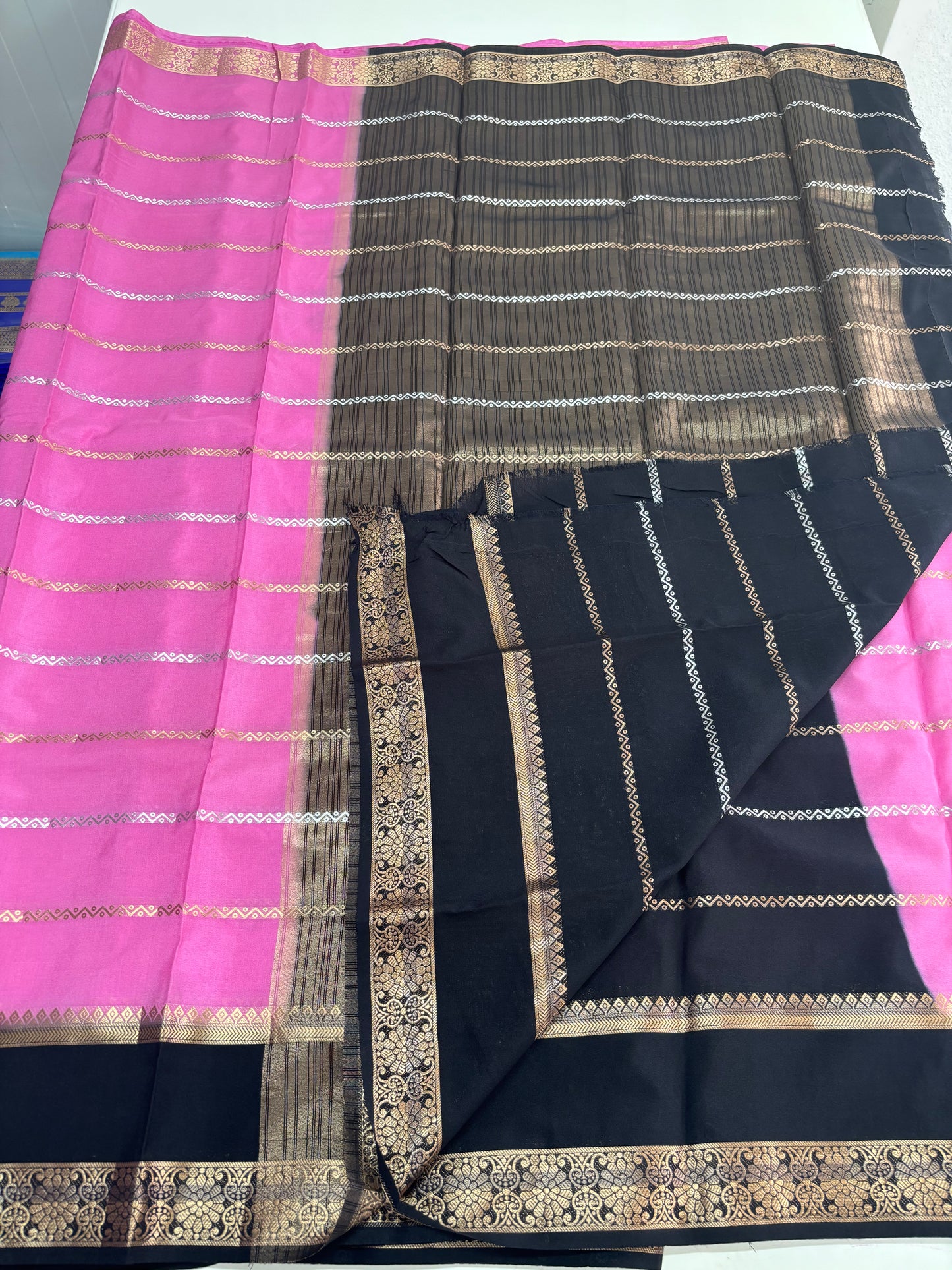 Semi Mysore Crepe (Gold, Silver Horizontal Lines & SS Bentex Border)