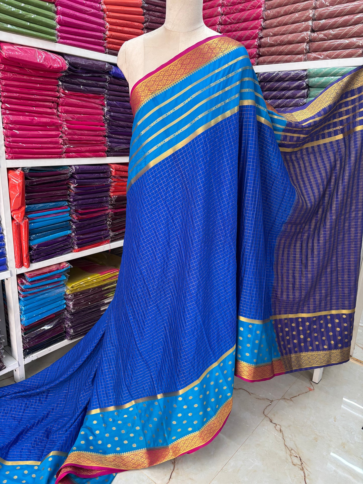 Semi Mysore Crepe (Premium, 3D Checks, 2 Bentex Borders)