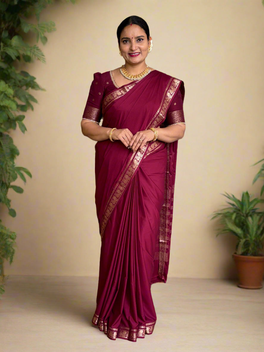 Semi Mysore Crepe (Self, Peacock Marching Border)