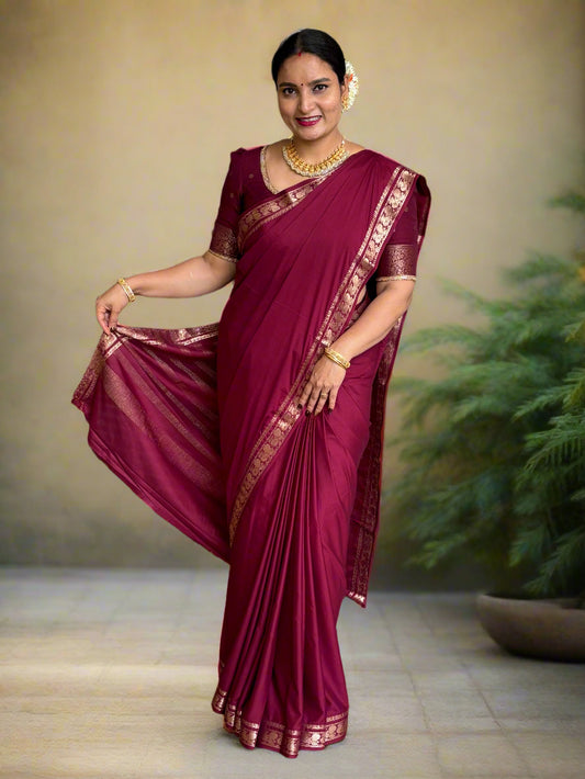 Semi Mysore Crepe (Self, Peacock Marching Border)