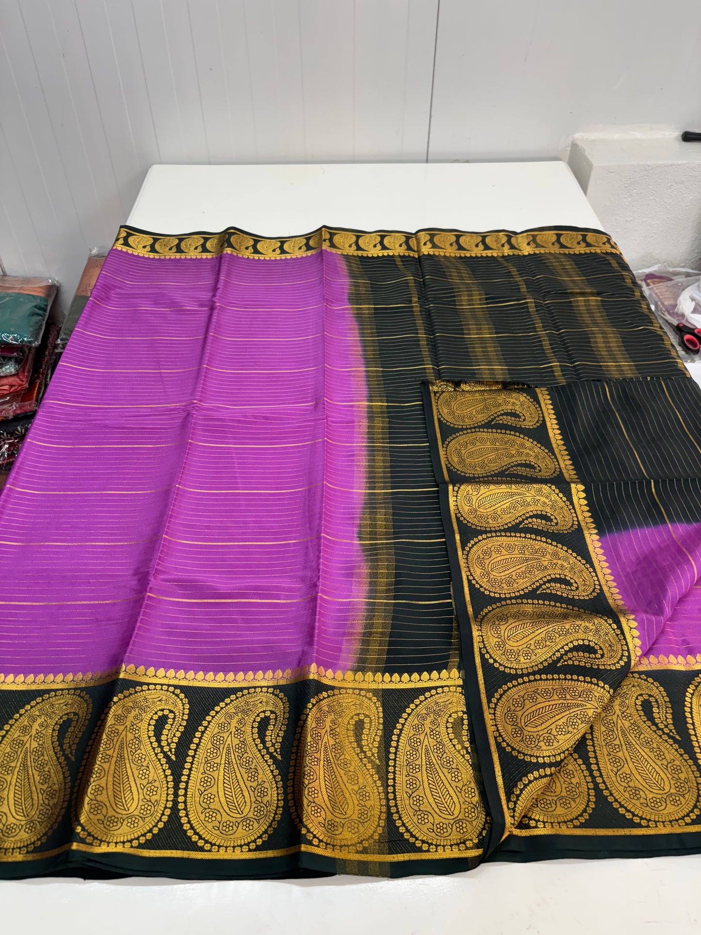 Semi Mysore Crepe (Horizontal Lines and Big Mango Border)