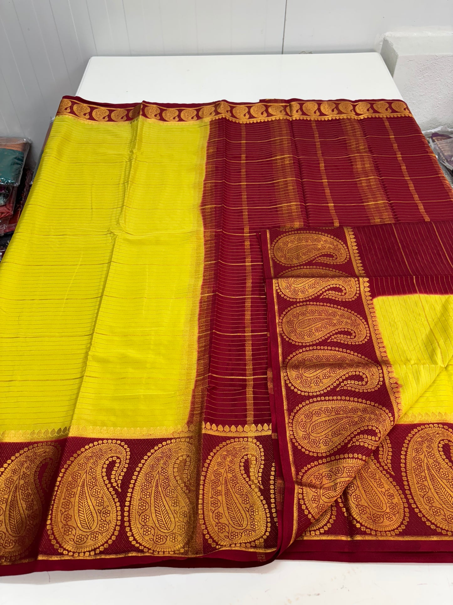 Semi Mysore Crepe (Horizontal Lines and Big Mango Border)