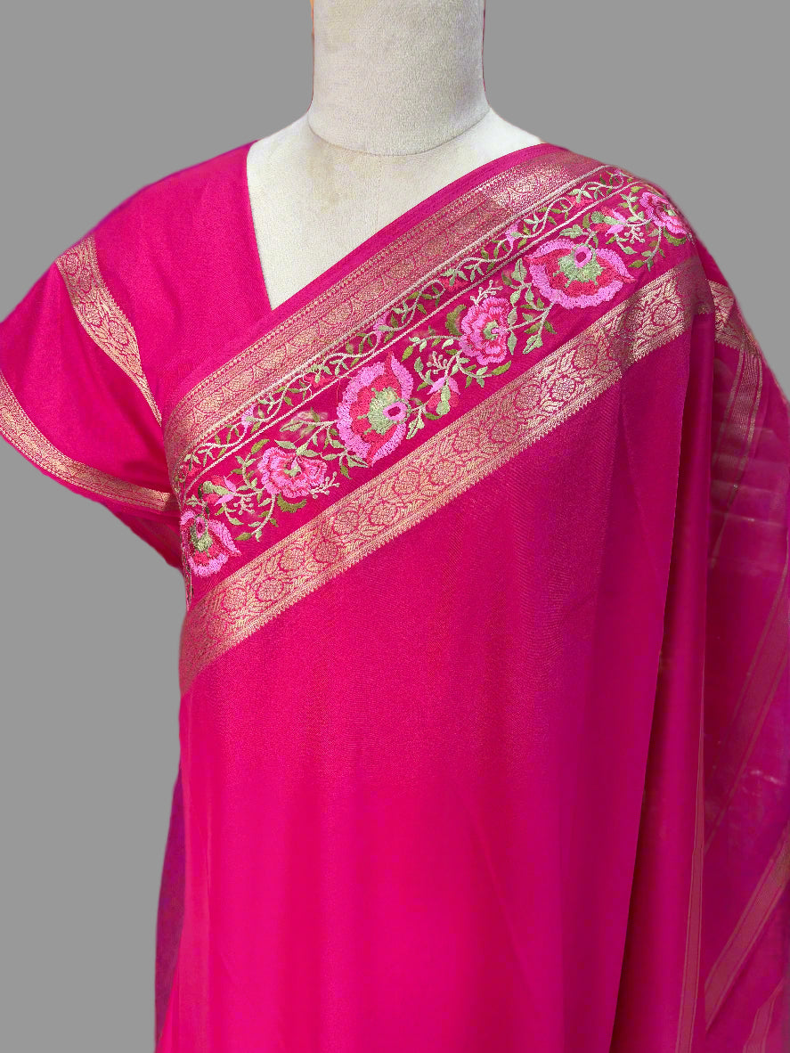 Semi Mysore Crepe (Floral Embroidery, Floral Bentex Border)