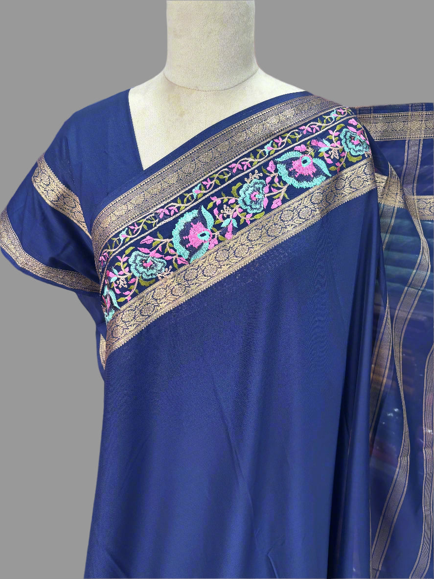 Semi Mysore Crepe (Floral Embroidery, Floral Bentex Border)