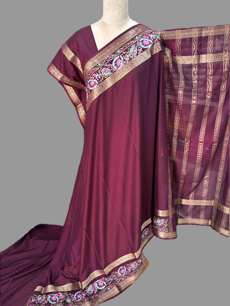Semi Mysore Crepe (Floral Embroidery, Floral Bentex Border)