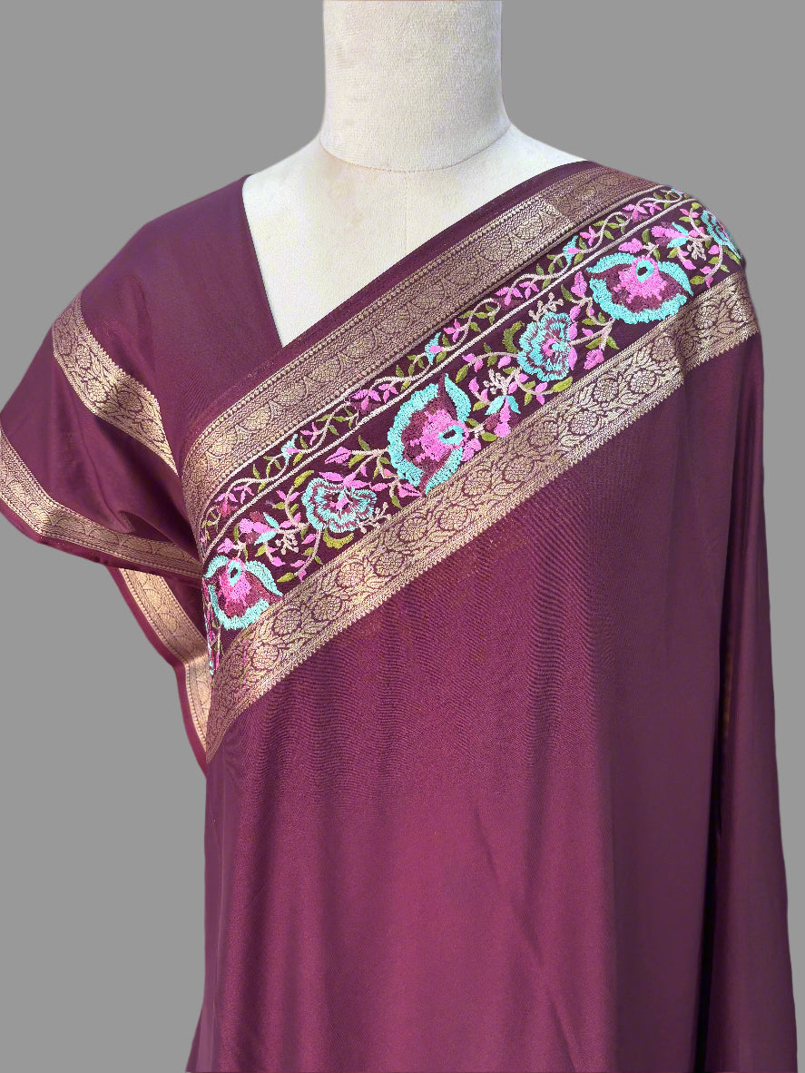 Semi Mysore Crepe (Floral Embroidery, Floral Bentex Border)
