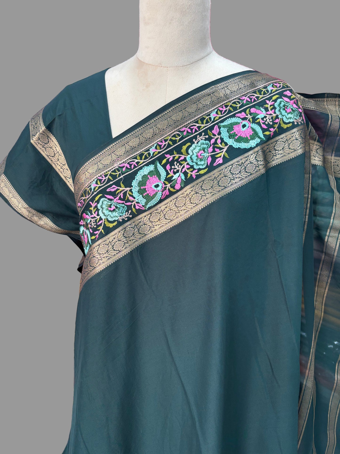 Semi Mysore Crepe (Floral Embroidery, Floral Bentex Border)