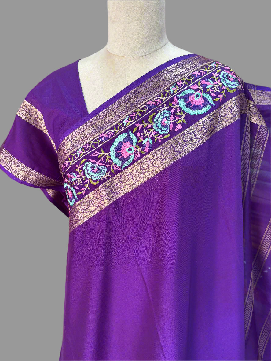 Semi Mysore Crepe (Floral Embroidery, Floral Bentex Border)