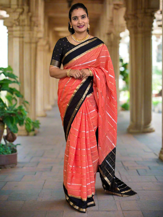 Semi Mysore Crepe (Gold, Silver Horizontal Lines & Bentex Border)