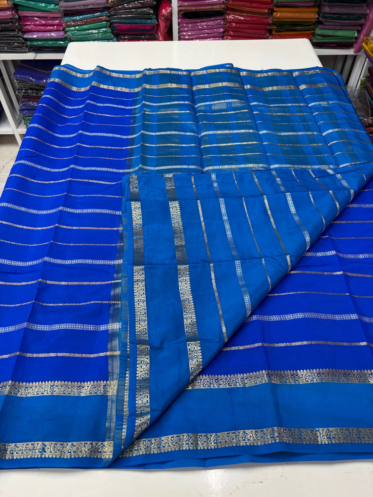 Semi Mysore Crepe (Gold, Silver Horizontal Lines & Bentex Border)
