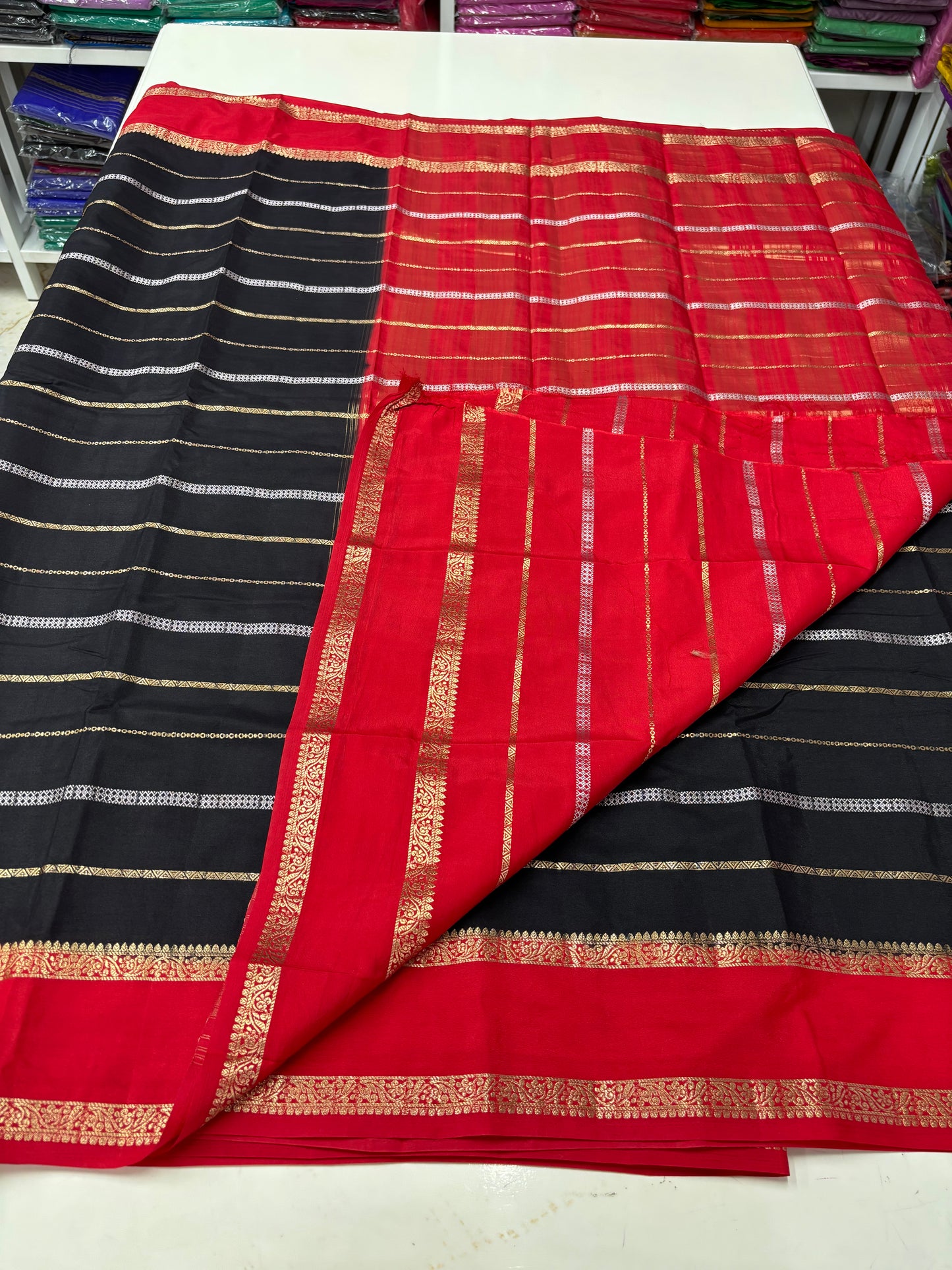 Semi Mysore Crepe (Gold, Silver Horizontal Lines & Bentex Border)