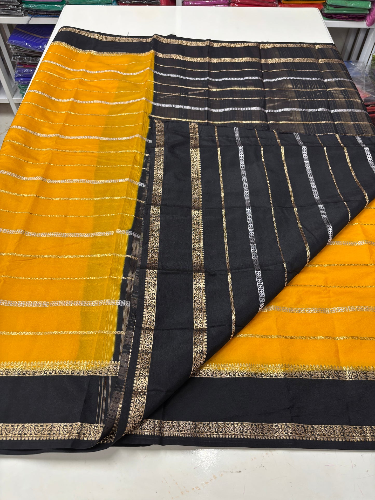 Semi Mysore Crepe (Gold, Silver Horizontal Lines & Bentex Border)