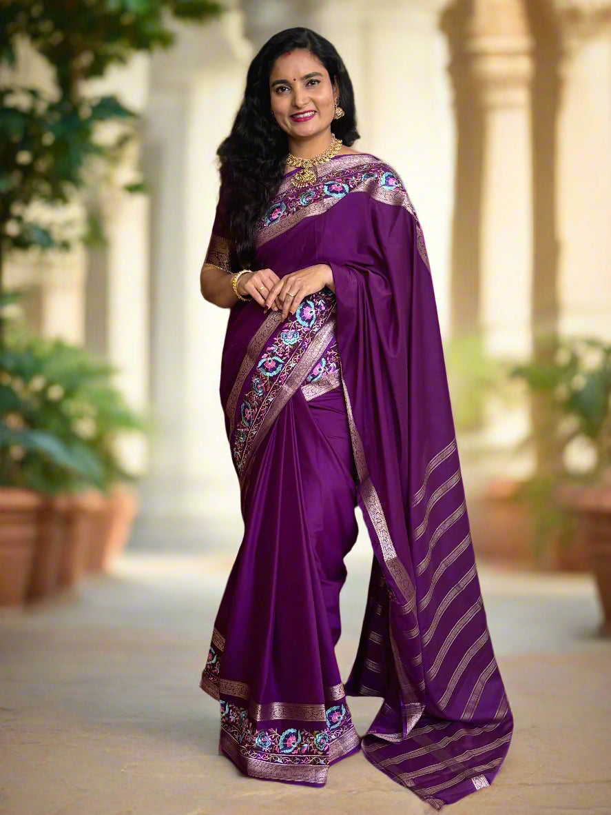 Semi Mysore Crepe (Floral Embroidery, Floral Bentex Border)