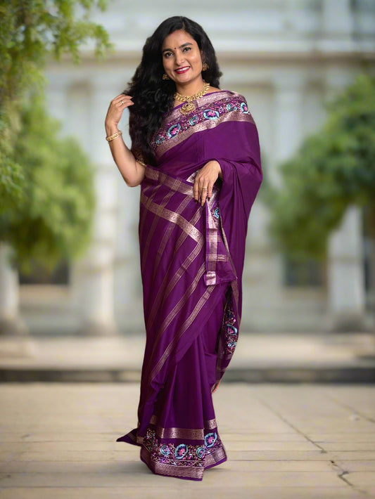 Semi Mysore Crepe (Floral Embroidery, Floral Bentex Border)