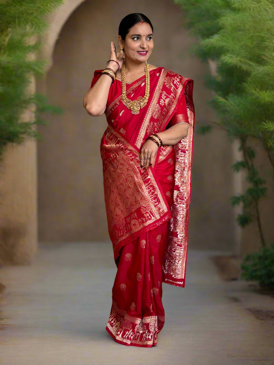 Banarasi Viscose Saree (Floral Motifs Body, Warli Art Border)